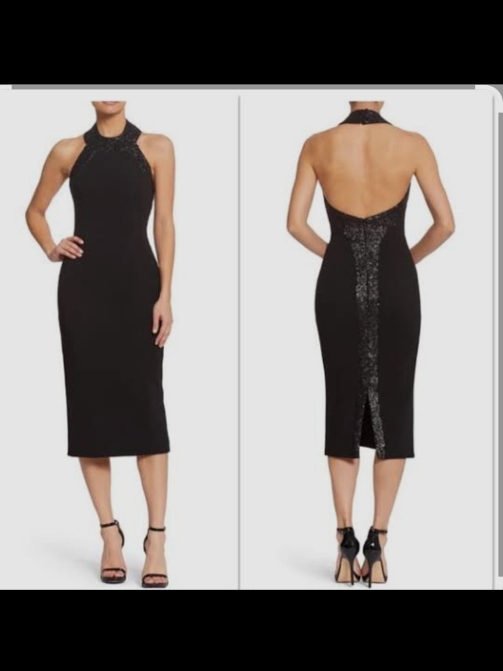 Dress the Population Black Halter Backless Midi Dress with Sequin Back Panel